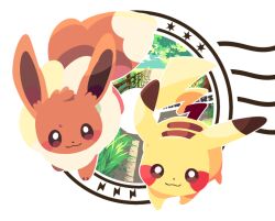 animal_focus black_eyes bright_pupils closed_mouth eevee fence gen_1_pokemon hitofutarai nintendo no_humans path pikachu pokemon pokemon_(creature) postage_stamp road summer tree white_background white_pupils wooden_fence