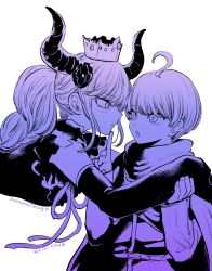 Rule 34 | 1boy, 1girl, artist name, blush, braid, commentary request, copyright name, crown, demon horns, detached sleeves, dress, eye contact, hair ornament, hand on another&#039;s chin, highres, horns, long hair, long sleeves, looking at another, master detective archives: rain code, monochrome, open mouth, parted lips, profile, ribbon, shinigami (rain code), short hair, simple background, upper body, white background, yokoyari mengo, yuma kokohead