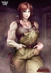 Rule 34 | 1girl, abella (fear &amp; hunger), alternate breast size, bare arms, bare shoulders, blood, breasts, brown tank top, cargo pants, cleavage, collarbone, commentary, cowboy shot, dirty, dirty face, fear &amp; hunger (series), fear &amp; hunger 2: termina, hands in pockets, large breasts, lips, long hair, looking at viewer, low-tied long hair, muscular, muscular female, overalls, paid reward available, pants, patreon username, simple background, solo, tank top, the golden smurf, very long hair, watermark, web address, wide hips, yellow overalls