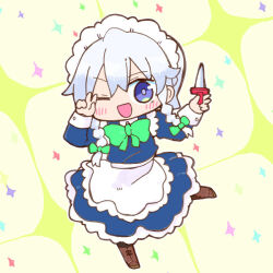 1girl ;d apron black_pantyhose blue_dress blue_eyes blush_stickers boots bow braid brown_boots chibi commentary_request dress full_body green_bow grey_hair hair_between_eyes hair_bow hands_up holding holding_knife izayoi_sakuya juliet_sleeves kasuga_yuuki knife long_sleeves looking_at_viewer maid maid_headdress one_eye_closed open_mouth pantyhose puffy_sleeves smile solo sparkle standing standing_on_one_leg touhou twin_braids v white_apron