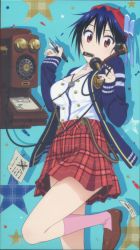 10s 1girl absurdres antique_phone bad_id bad_yandere_id blazer blue_hair bow breasts cable casual cleavage cradling_phone hair_bow hat highres jacket large_breasts long_sleeves mouth_hold nib_pen_(object) nisekoi notepad official_art pen phone plaid_clothes plaid_skirt red_eyes rotary_phone scan skirt socks suspenders tsugumi_seishirou