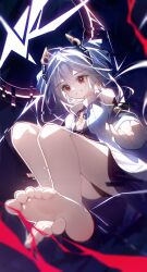 1girl :d absurdres android barefoot brokenrain dress drill_hair earrings feet foot_focus full_body grey_hair grin hair_ornament highres honkai_(series) honkai_impact_3rd jewelry looking_at_viewer open_mouth prometheus_(honkai_impact) red_eyes smile soles teeth toes twin_drills white_dress