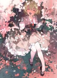 1girl :d absurdres blonde_hair cherry_blossoms closed_eyes hair_ribbon highres open_mouth pantyhose red_ribbon ribbon rumia shoes smile solo touhou white_pantyhose ya_yuan