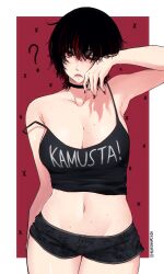 1girl absurdres armpits black_hair black_nails black_shorts breasts choker cleavage hair_between_eyes highres kuronami616 looking_at_viewer midriff mole mole_on_breast mole_on_stomach mole_under_mouth navel one_eye_closed open_mouth original red_eyes short_hair short_shorts shorts simple_background solo stomach strap_slip sweat tagalog_text
