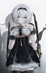 1girl absurdres amamizu_shizuku anby_demara anby_demara_(silver_soldier) arms_at_sides ascot black_dress black_gloves black_hairband black_thighhighs braid breasts closed_mouth commentary_request cowboy_shot dress dual_wielding expressionless fingerless_gloves gloves gradient_background grey_background grey_hair hair_between_eyes hair_ornament hairband highres holding holding_sword holding_weapon layered_dress looking_at_viewer medium_breasts medium_hair official_alternate_costume one_side_up orange_ascot orange_eyes reverse_grip shadow short_sleeves shrug_(clothing) side_braids solo standing sword thighhighs two-tone_dress two-tone_gloves weapon white_dress white_gloves white_shrug zenless_zone_zero zettai_ryouiki