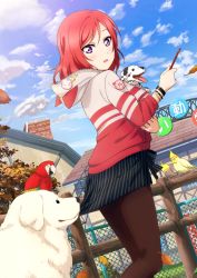 10s 1girl :o animal autumn_leaves bird blue_sky blush bracelet clothes_pull cloud dalmatian day dog female_focus fence heavy_breathing highres hood hoodie jewelry labrador_retriever leaf long_sleeves looking_down love_live! love_live!_school_idol_festival love_live!_school_idol_project macaw md5_mismatch nishikino_maki official_art outdoors pantyhose parrot purple_eyes red_hair skirt skirt_pull sky solo striped_clothes striped_skirt tongue tongue_out unzipped vertical-striped_clothes vertical-striped_skirt yan_(seiga) zipper