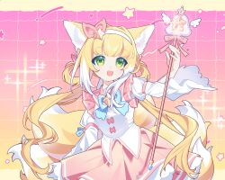 Rule 34 | 1girl, alternate costume, animal ears, arknights, blonde hair, colored tips, fox ears, fox girl, fox tail, green eyes, hair rings, hairband, highres, holding, juliet sleeves, kitsune, kyuubi, long hair, long sleeves, magical girl, miaoneko, multicolored hair, multiple tails, open mouth, pink skirt, pleated skirt, puffy sleeves, shirt, skirt, solo, star (symbol), suzuran (arknights), tail, white hair, white hairband, white shirt