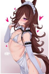 1girl animal_ears apron bikini blush breasts brown_hair closed_mouth commentary_request elbow_gloves gloves gradient_background grey_background hair_over_one_eye highres horse_ears horse_girl horse_tail lengkuass long_hair looking_at_viewer maid_apron maid_headdress medium_breasts micro_bikini partially_fingerless_gloves rice_shower_(umamusume) smile solo swimsuit tail umamusume white_apron white_bikini white_gloves