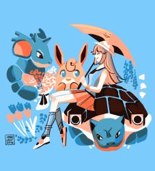1girl blastoise blue_background closed_eyes color_guide commentary dated ditto english_commentary full_body gen_1_pokemon green_(pokemon) holding holding_umbrella jhoca leaf_(pokemon) limited_palette long_hair miniskirt nidoqueen nintendo pokemon pokemon_adventures red_skirt shirt signature simple_background simple_flower sitting_on_pokemon skirt sleeveless sleeveless_shirt transformed_ditto umbrella wigglytuff