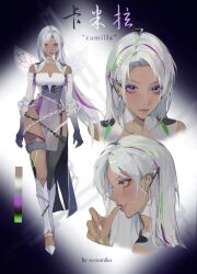 1girl artist_name biting black_garter_straps black_thighlet boots chain chain_around_arm chained character_name closed_mouth color_guide detached_sleeves ear_covers earrings elf full_body garter_straps gradient_sleeves green_streaks highres jewelry knee_boots leotard long_hair multicolored_hair multiple_views nail_biting nail_polish original pointed_footwear pointy_ears portrait purple_eyes purple_streaks reference_sheet see-through_clothes see-through_veil simple_background single_thighhigh strapless strapless_leotard streaked_hair sumi_(suumiko_) thighhighs veil very_long_hair white_hair wing_print