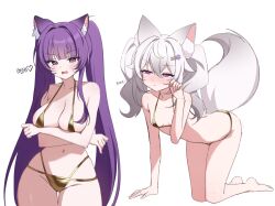 2girls absurdres all_fours animal_ears arms_under_breasts bare_shoulders bikini breasts cat_ears character_request cleavage fox_ears fox_tail gold_bikini highres indie_virtual_youtuber long_hair looking_at_viewer medium_breasts multi-strapped_bikini_bottom multiple_girls navel open_mouth pn_(wnsl216) purple_eyes purple_hair simple_background small_breasts stomach string_bikini swimsuit tail twintails very_long_hair virtual_youtuber white_background white_hair