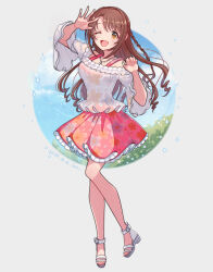 1girl :d artist_name bare_legs blush braid breasts brown_eyes brown_hair dated dot_nose floral_print frilled_skirt frills full_body hands_up high_heels ich. idolmaster idolmaster_cinderella_girls jewelry long_hair long_sleeves looking_at_viewer medium_breasts medium_skirt necklace one_eye_closed open_mouth pink_skirt shimamura_uzuki shirt shoes signature simple_background skirt smile solo sparkle spread_fingers standing straight_hair white_background white_shirt white_shoes wide_sleeves