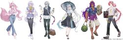 2girls 4boys asclepius_(fate) bag bhima_(fate) black_pants copyright_notice fate/grand_order fate_(series) flower food fruit highres holding holding_umbrella koyanskaya_(fate) merlin_(fate) morgan_le_fay_(fate) multiple_boys multiple_girls official_alternate_costume official_art pants pink_hair purple_hair red_hair sandals shoulder_bag takasugi_shinsaku_(fate) tamamo_(fate) umbrella watermelon white_hair yoshimoto_(dear_life)