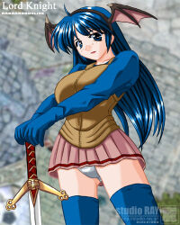 Rule 34 | 1girl, 2000s (style), belt, black belt, black wings, blue eyes, blue gloves, blue hair, blue shirt, blue thighhighs, blush, breasts, brown vest, character name, circle name, commentary request, copyright name, cowboy shot, cross of prontera, demon wings, fake wings, game screenshot background, gloves, head wings, holding, holding sword, holding weapon, large breasts, long hair, looking at viewer, lord knight (ragnarok online), lowres, miniskirt, panties, pantyshot, pink skirt, ragnarok online, screenshot background, shirt, skirt, solo, sword, tatsumi ray, thighhighs, underwear, variant set, vest, watermark, weapon, web address, white panties, wings