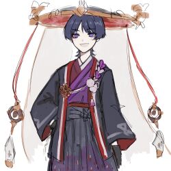 Rule 34 | 1boy, adapted costume, arms at sides, black gloves, black hair, black hakama, black haori, black hat, black sleeves, blunt ends, eyeliner, eyeshadow, genshin impact, gloves, gold, grey pupils, grey veil, hakama, hand on own hip, haori, haori himo, hat, highres, japanese clothes, jingasa, juban, kimono, light blush, long sleeves, looking at viewer, makeup, male focus, open mouth, purple eyes, purple kimono, purple rope, red eyeliner, red eyeshadow, red hat, red kimono, red sleeves, rope, scaramouche (genshin impact), sgm618, shimenawa, solo, tassel, tsurime, two-sided fabric, two-sided headwear, two-sided sleeves, two-tone kimono, upper body, veil, white background, white kimono, white rope, wide sleeves, wispy bangs