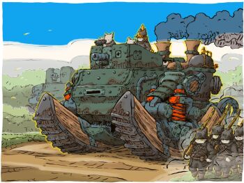 Rule 34 | 6+boys, cannon, cat boy, grass, highres, military vehicle, motor vehicle, multiple boys, original, road, smokestack, steampunk, tank, turretless tank, yabarn