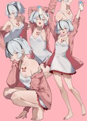 1girl absurdres arms_up bare_legs bare_shoulders barefoot bespectacled bite_mark bite_mark_on_neck bite_mark_on_shoulder black_eyes blush bottle breasts camellya_(wuthering_waves) cardigan closed_mouth collarbone commentary dress feet glasses grey_hair hand_on_own_face highres holding holding_bottle legs looking_at_viewer lufi_ays making-of_available milk_bottle multiple_views official_alternate_costume one_eye_closed open_mouth pink_cardigan red_pupils round_eyewear short_hair short_twintails small_breasts smile squatting strap_slip stretching toes twintails white_dress white_hair wuthering_waves