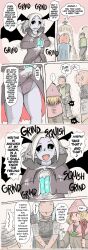 2boys 2girls ball_busting black_sclera colored_sclera comic dosei dosei-jin_(dosei8810) highres magic multiple_boys multiple_girls wings