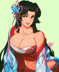 :d black_hair breasts brown_eyes chest_sarashi clothing_request david_liu green_background highres large_breasts long_hair midriff official_alternate_costume open_mouth parted_bangs sarashi shiranui_mai simple_background single_bare_shoulder smile street_fighter street_fighter_6 tagme the_king_of_fighters upper_body
