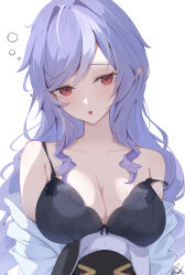 &gt;_&lt; 1girl absurdres ahoge bangboo_(zenless_zone_zero) bare_shoulders black_bra blush bra breast_press breasts eous_(zenless_zone_zero) fang highres lace lace-trimmed_bra lace_trim large_breasts long_hair looking_at_viewer mole mole_under_eye multicolored_hair open_clothes open_mouth open_shirt pisuke_(user_kcmh2774) pointy_ears purple_hair red_eyes shirt skin_fang slit_pupils solo strap_slip streaked_hair underwear vivian_banshee white_hair white_shirt zenless_zone_zero
