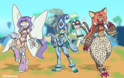 4girls animal_ears bastemon bikini black_hair blue_one-piece_swimsuit blurry blurry_background breasts brown_hair cat_ears cat_girl cat_tail cleavage colored_skin digimon digimon_(creature) digimon_story:_time_stranger dress extra_tails fairimon fairy_wings fins green_dress green_skin group_picture harem_pants head_fins head_wings highres kakudrawmon long_hair medium_breasts multiple_girls one-piece_swimsuit pants purple_bikini purple_hair ranamon red_eyes standing swimsuit tail white_dress wings yuuki_kanan