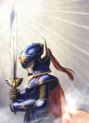 1boy absurdres armor black_bodysuit blue_armor blue_eyes bodysuit cape commentary_request dragon_quest dragon_quest_i erdrick&#039;s_helmet erdrick&#039;s_sword fake_horns gem gold_trim grey_background helmet hero_(dq1) highres holding holding_sword holding_weapon horned_helmet horns male_focus nogo_(nogo_059) partially_shaded_face plume profile red_cape red_gemstone roto&#039;s_emblem solo sword upper_body weapon