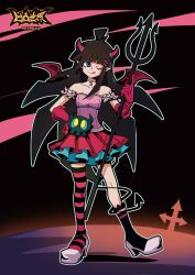 Rule 34 | 1girl, ahoge, aotu world, armband, asymmetrical footwear, asymmetrical legwear, bare shoulders, black hair, black socks, black thighhighs, blue eyes, blue skirt, blunt bangs, choker, closed mouth, collarbone, copyright name, creature, demon girl, demon horns, demon tail, demon wings, elbow gloves, eyelashes, frilled armband, frills, full body, gloves, hair ornament, halloween, halloween costume, hand on own hip, happy halloween, high heels, highres, horns, kaili (aotu world), layered skirt, licking lips, long hair, mismatched footwear, official alternate costume, official art, old bone (aotu world), one eye closed, pink shirt, pleated skirt, pointy ears, polearm, qi chuang she, red gloves, red horns, red skirt, red thighhighs, red wings, shirt, shoes, sidelocks, single thighhigh, skirt, sleeveless, sleeveless shirt, smile, socks, solo, standing, star (symbol), star hair ornament, striped clothes, striped thighhighs, tail, thighhighs, third-party source, tongue, tongue out, trident, weapon, white shoes, wings