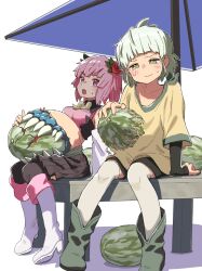 1boy 1girl beach_umbrella black_shorts black_thighhighs blush boots breasts competition detached_sleeves eating_contest flower food fruit full_body green_footwear hair_flower hair_ornament highres layered_shirt medium_breasts miniskirt monster_girl original pink_hair rain_(vanillaklein) rose rose_(vanillaklein) shorts sitting skirt stomach_mouth thighhighs umbrella vanillaklein watermelon white_background white_footwear white_thighhighs
