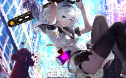 1girl benghuai_xueyuan black_panties blue_eyes bra breasts building chainsaw cici cleavage dress female_focus fire_hydrant honkai_(series) kiana_kaslana_(benghuai_xueyuan) lace lace-trimmed_panties lace_trim medium_breasts official_art original panties pantyshot sailor_dress school_uniform serafuku shoes skirt sneakers solo thighhighs underwear upskirt white_hair