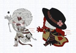 Rule 34 | 2boys, aleph (reverse:1999), anger vein, arm up, bandaged hand, bandaged head, bandages, black boots, black cape, black hat, black jacket, black pants, boots, cape, chasing, chibi, covered eyes, covered face, cracked mask, dice, dual persona, gloves, hat, jacket, long hair, merlin (reverse:1999), multiple boys, outstretched arm, pants, polyhedral dice, red gloves, red hair, reverse:1999, running, shirt, the idealist (reverse:1999), white background, white mask, white pants, white shirt, xjsbca