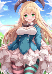 1girl :d alice_(grimms_notes) asymmetrical_legwear blonde_hair blue_dress blue_sky blush breasts cleavage cloud commentary_request commission day dress green_eyes grimms_notes hair_between_eyes highres large_breasts long_hair long_sleeves looking_at_viewer mismatched_legwear open_mouth outdoors pantyhose pixiv_commission skirt_hold sky sleeves_past_wrists smile solo striped_clothes striped_pantyhose very_long_hair xenon_(for_achieve)