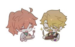 Rule 34 | 2boys, ahoge, blonde hair, cake, cake slice, chaldea logo, chibi, closed eyes, facial hair, facing another, fate/grand order, fate (series), food, fork, hair between eyes, heart, holding, holding fork, holding knife, holding plate, knife, multiple boys, mustache, myg 8028, open mouth, orange eyes, plate, ponytail, simple background, smile, smug, star (symbol), steak, white background