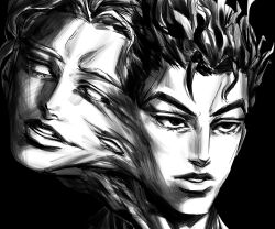 2boys black_eyes conjoined diamond_wa_kudakenai greyscale highres horror_(theme) jojo_no_kimyou_na_bouken kawajiri_kosaku kira_yoshikage lips male_focus monochrome multiple_boys nose parody parted_lips santamanymany tomie