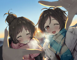 2girls ;d ^_^ blush breath brown_hair closed_eyes dated domyoji_karin finger_frame finger_frame_duo hair_bun happy_birthday highres idolmaster idolmaster_cinderella_girls looking_at_viewer multiple_girls one_eye_closed open_mouth outdoors pink_scarf sanpo_(sanpo_1027) scarf signature single_hair_bun smile takamori_aiko two-tone_scarf upper_body