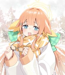 1girl absurdres animal_ears aqua_eyes bird_ears bird_girl blue_archive blush bow commentary_request day feather_hair green_bow hair_bow hair_intakes halo highres holding holding_removed_eyewear long_hair looking_at_viewer low_twintails open_mouth orange_hair outdoors patanda plaid_bow rectangular_eyewear scarf semi-rimless_eyewear shimiko_(blue_archive) smile snow solo sweater twintails unworn_eyewear white_sweater winter_clothes yellow_halo yellow_scarf