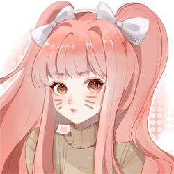 1girl annoyed blunt_bangs bow brown_eyes brown_sweater chinese_commentary closed_mouth commentary_request eyelashes eyeshadow facial_mark fanfanjiadeayuanjiang hair_bow halftone halftone_background highres light_blush lipstick long_hair long_sleeves makeup nikki_(nikki) nikki_(series) outline pink_background pink_eyeshadow pink_hair pointy_nose pout red_lips shining_nikki sidelocks single_hair_intake solo sweater turtleneck turtleneck_sweater twintails two-tone_background upper_body very_long_hair whisker_markings white_background white_bow white_outline