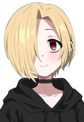 1girl black_choker black_hoodie blonde_hair blush choker closed_mouth collarbone ear_piercing hair_over_one_eye halulu highres hood hood_down hoodie idolmaster idolmaster_cinderella_girls idolmaster_cinderella_girls_starlight_stage looking_at_viewer piercing portrait red_eyes shirasaka_koume short_hair simple_background smile solo white_background
