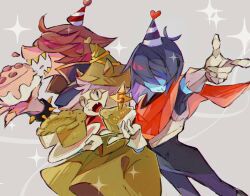 1boy 1girl 1other anniversary black_bodysuit black_hair blue_skin bodysuit brown_hair cake colored_skin covered_eyes deltarune eating fang food green_hair green_vest happy_anniversary hat highres holding holding_plate kris_(dark_world)_(deltarune) kris_(deltarune) noppo_(nopon) open_mouth party_hat pie pink_skin plate ralsei short_hair susie_(dark_world)_(deltarune) susie_(deltarune) vest white_fur