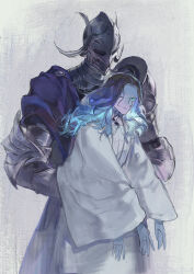 2girls agong armor armored_skirt aunt_and_niece blue_hair blue_skin breastplate colored_skin cracked_skin doll_joints elden_ring elden_ring:_shadow_of_the_erdtree extra_arms fake_horns full_armor helm helmet highres horned_helmet horns joints multiple_girls ranni_the_witch rellana_twin_moon_knight witch