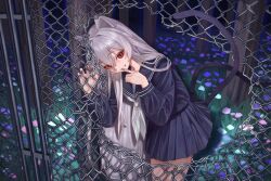 1girl animal_ears blue_flower broken_fence cat_ears cat_girl cat_tail chain-link_fence fence finger_to_mouth flower green_eyes grey_hair grey_nails grey_neckerchief hair_between_eyes highres index_finger_raised leaning_to_the_side long_hair looking_at_viewer multiple_tails naruto_maki_(naruto05) neckerchief nekomata original pleated_skirt purple_sailor_collar purple_shirt purple_skirt red_eyes sailor_collar school_uniform shirt shushing skirt slit_pupils solo tail tree two_tails very_long_hair