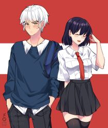 1boy 1girl absurdres alternate_hair_length alternate_hairstyle black_hair black_pants black_skirt black_thighhighs blue_sweater blush bob_cut breasts closed_eyes cowboy_shot hair_between_eyes hands_in_pockets highres higurashi_kagome instagram_username inuyasha inuyasha_(character) medium_breasts necktie open_mouth orange_eyes pants pleated_skirt red_background red_necktie shirt shirt_under_sweater short_hair skirt smile sweatdrop sweater thighhighs tiroma twitter_username white_hair white_shirt