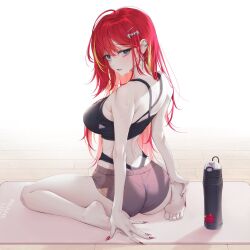 1girl akane_lize ass bare_shoulders barefoot black_eyes black_shirt bottle breasts brown_shorts character_name crop_top egen_tee feet fingernails from_behind hair_ornament hands_on_feet hashtag-only_commentary highres large_breasts long_fingernails long_hair looking_at_viewer looking_back mat mole mole_on_cheek multicolored_hair nail_polish on_ground open_mouth pienna_(akane_lize) red_hair red_nails red_pupils shirt short_shorts shorts sitting soles solo stellive streaked_hair sweat toes turning_head very_long_hair virtual_youtuber wariza water_bottle wooden_floor