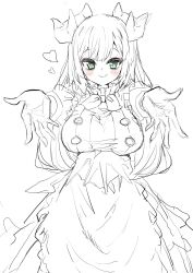 1girl apron breasts green_eyes greyscale heart highres horns jigenshin kitchen_dragonmaid long_hair looking_at_viewer monochrome reaching reaching_towards_viewer solo spot_color straight-on very_long_hair waist_apron yu-gi-oh!