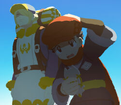 Rule 34 | 2boys, absurdres, arc phone, arm behind head, arm up, black hair, blonde hair, blue jumpsuit, blue sky, cellphone, closed eyes, feiyang02, from below, frown, fur-trimmed jumpsuit, fur-trimmed sleeves, fur collar, fur trim, furrowed brow, galaxy expedition team survey corps uniform, ginkgo guild uniform, grey eyes, hair over one eye, hand on own head, hat, highres, holding, holding phone, jumpsuit, light smile, long sleeves, male focus, multiple boys, nintendo, open mouth, phone, pokemon, pokemon legends: arceus, red scarf, rei (pokemon), sash, scarf, short hair, sky, sweatdrop, two-tone headwear, volo (pokemon), yellow hat, yellow sash
