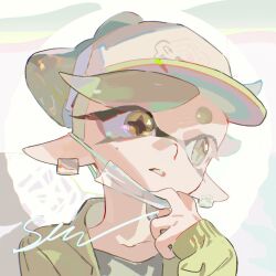 1girl absurdres acuteghost baseball_cap bow-shaped_hair commentary_request cross-shaped_pupils earrings green_jacket grey_hair grey_shirt hat highres inkling jacket jewelry long_pointy_ears long_sleeves marie_(agent_2_casual)_(splatoon) marie_(splatoon) mask mask_pull mole mole_under_eye mouth_mask nintendo open_clothes open_jacket parted_lips pointy_ears portrait shirt short_hair solo splatoon_(series) swept_bangs symbol-shaped_pupils tentacle_hair thick_eyebrows white_hat white_mask yellow_eyes