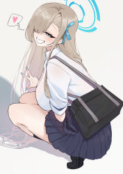 Rule 34 | 1girl, absurdres, asuna (blue archive), asuna (school uniform) (blue archive), bag, billmors, black shoes, black socks, blonde hair, blue archive, blue eyes, blue halo, blue skirt, blush, breasts, grin, hair over one eye, halo, highres, large breasts, long hair, looking at viewer, looking back, pleated skirt, school bag, shirt, shoes, skirt, sleeves rolled up, smile, socks, solo, squatting, thighs, v, very long hair, white shirt