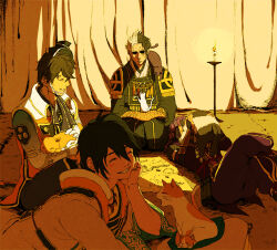 beret black_hair candle cat closed_eyes hair_between_eyes hat jia_xu kneeling kuroda_kanbei lying magatama magatama_necklace map mouri_motonari musou_orochi necklace on_back reading scroll sengoku_musou smile takenaka_hanbei