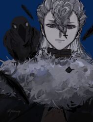 Rule 34 | 1boy, animal, animal on shoulder, bird, bird on shoulder, black clover, black feathers, blue background, braid, cross hair ornament, crow, dark background, expressionless, feathers, front braid, fur collar, hair ornament, highres, long hair, looking at viewer, male focus, nozel silva, poonwip, purple eyes, single braid, white hair
