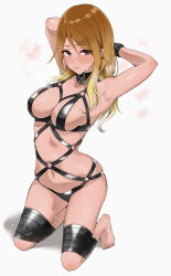 1girl absurdres armpits arms_behind_head bdsm bikini black_bikini blonde_hair blush bondage bound breasts brown_eyes brown_hair cleavage crying dark-skinned_female dark_skin full_body gradient_hair groin hair_between_eyes highres idolmaster idolmaster_shiny_colors izumi_mei kneeling long_hair looking_at_viewer medium_breasts multicolored_hair murabito_c navel solo swimsuit thighs
