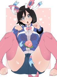 1boy :o animal_ears black_hair blue_jacket border bracelet bulge calem_(pokemon) commentary_request cosplay gen_6_pokemon grey_eyes hands_up heart highres jacket jewelry knees long_sleeves male_focus male_with_breasts nail_polish nintendo open_mouth paw_pose pink_background pink_nails pink_thighhighs pokemon pokemon_xy sana_(37pisana) short_hair solo sylveon sylveon_(cosplay) tail thighhighs thighs toeless_legwear toenail_polish toenails toes turtleneck turtleneck_jacket white_border
